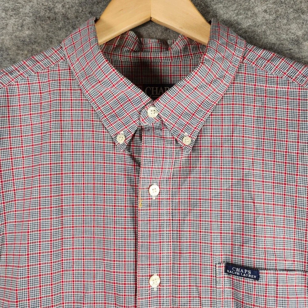 VTG Chaps Ralph Lauren Men Plaid Button Down Shirt Red Blue White Size XL Casual